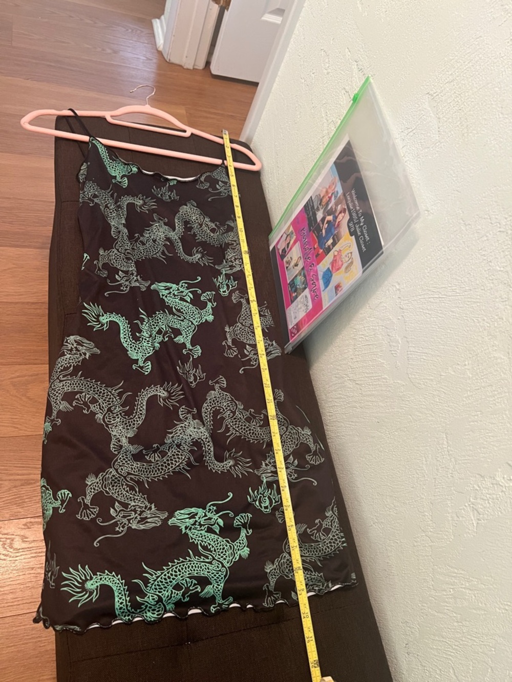 #1807** Black Slip Dress with Green Dragon Print - Women's - Picture 3 of 11